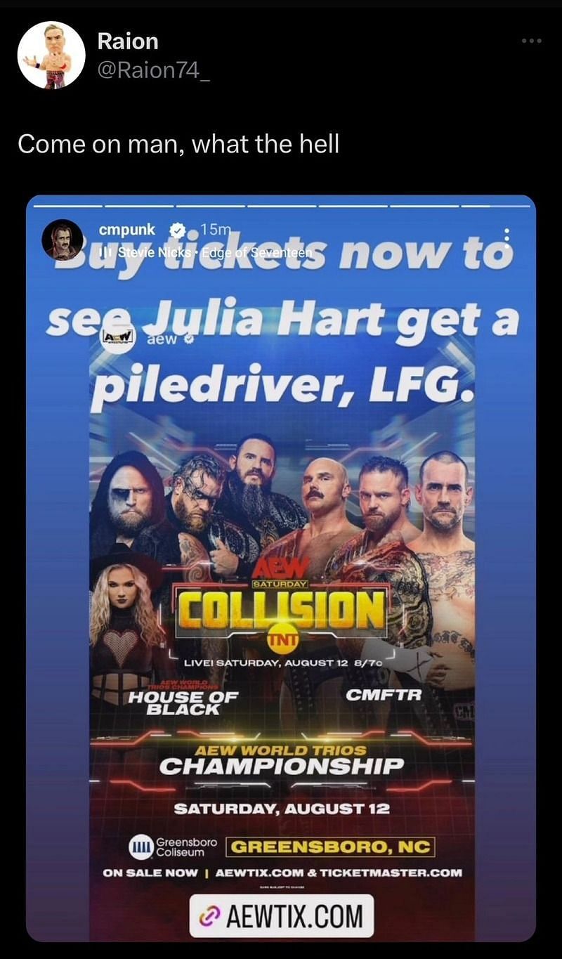 Screenshot of CM Punk&#039;s first Instagram story about Julia Hart