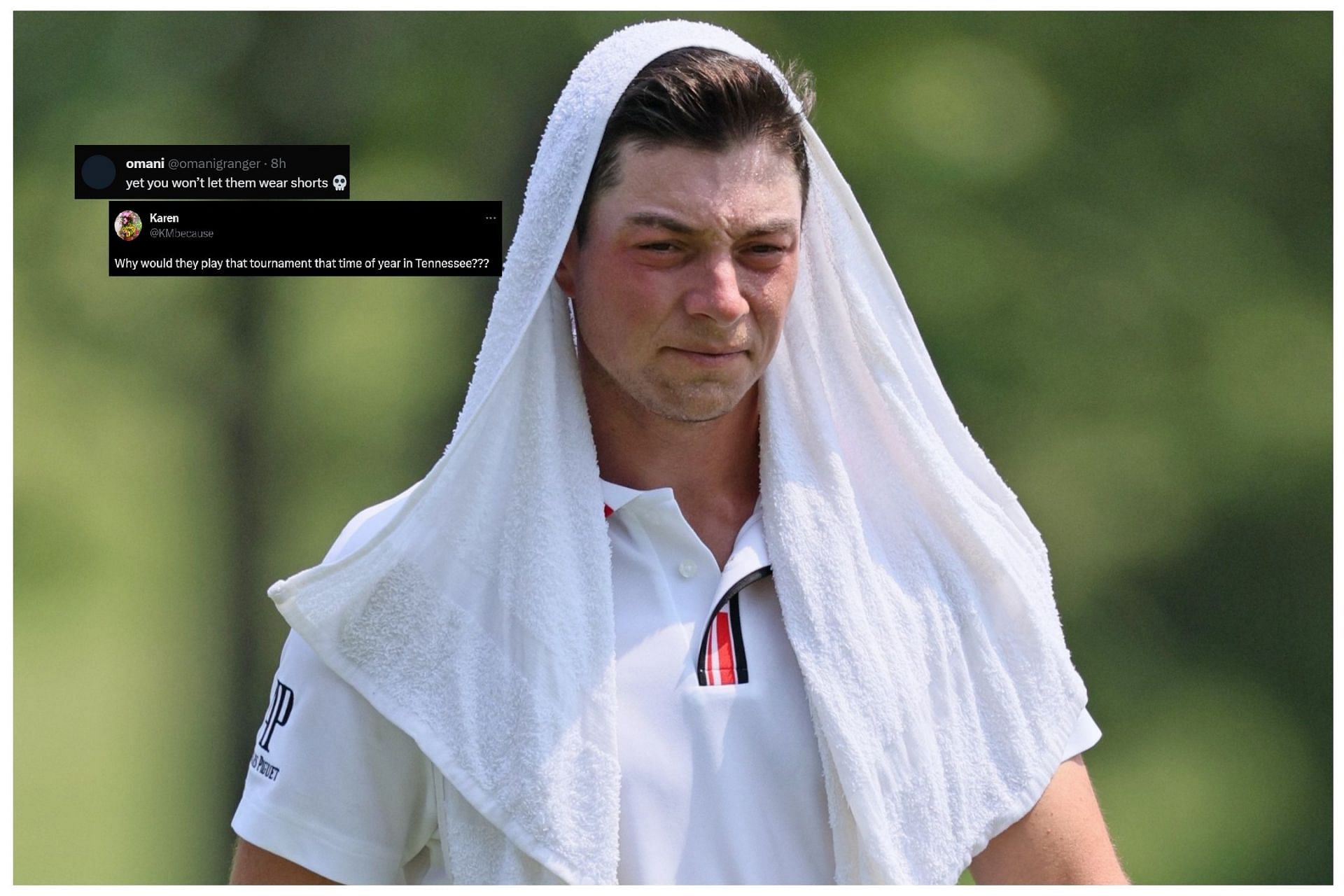 Viktor Hovland using wet towel during the second round of FedEx St. Jude Championship