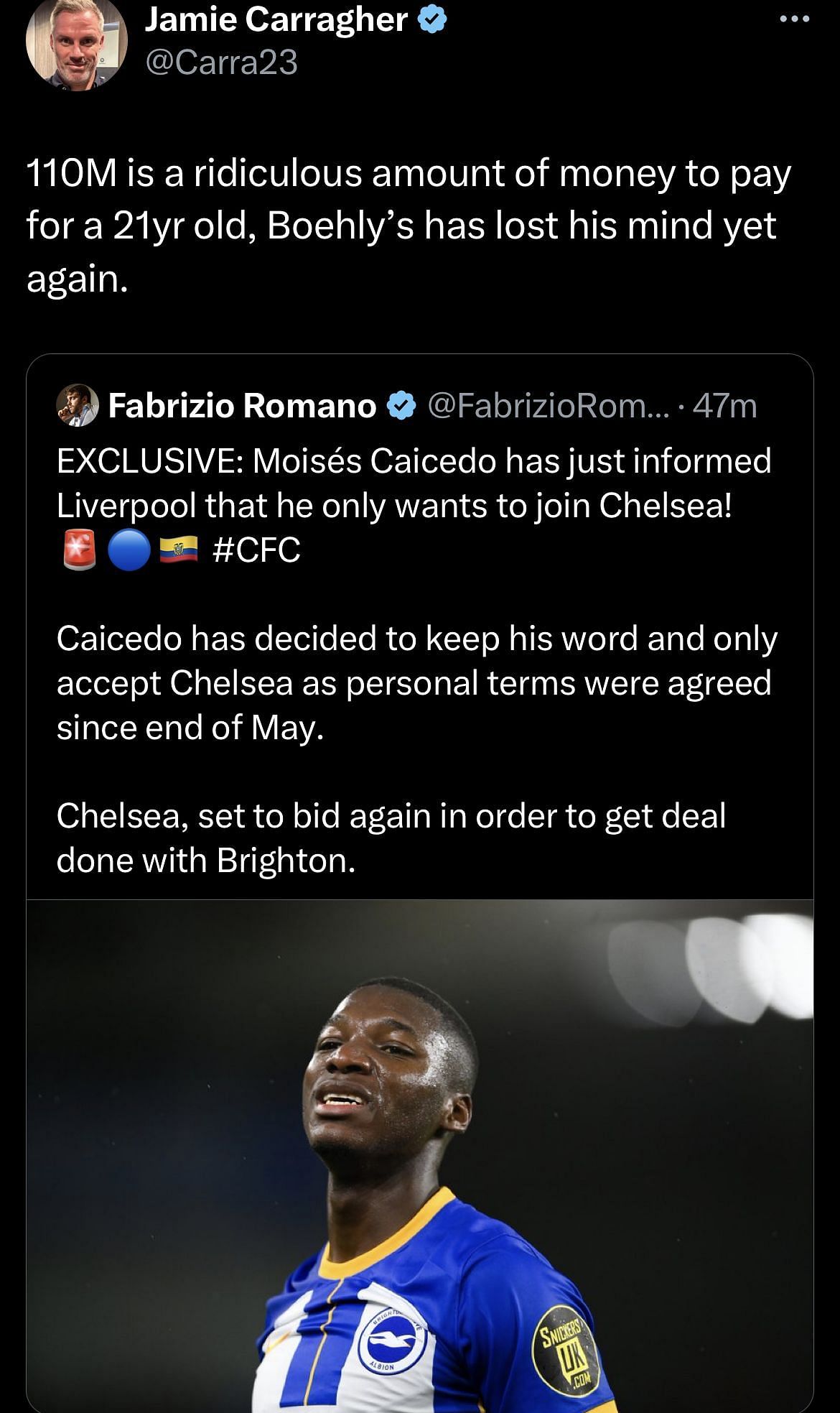 Pulled the UNO reverse card, FSG with a knockout blow to Boehly- Fans  react as Liverpool reportedly outbid Chelsea for Moises Caicedo