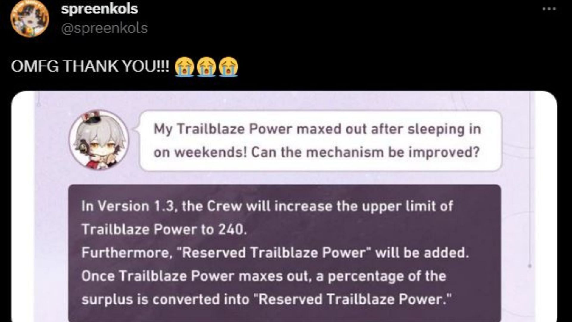 Players are thankful about the Trailblaze Power changes in version 1.3 (Image via Twitter/spreenkols)