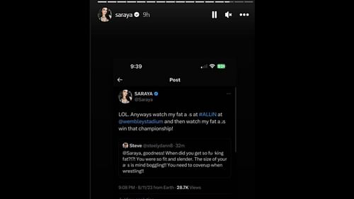 A screenshot of Saraya's Instagram story.