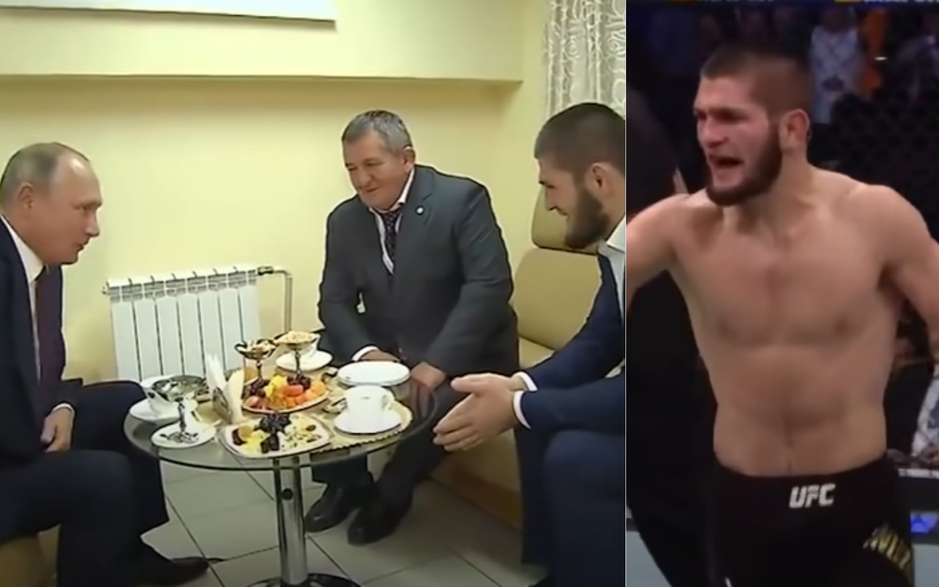 Khabib Nurmagomedov (left) Vladimir Putin and Khabib Nurmagomedov (right) [Image courtesy @AlexzawaMechury  @thesun on YouTube