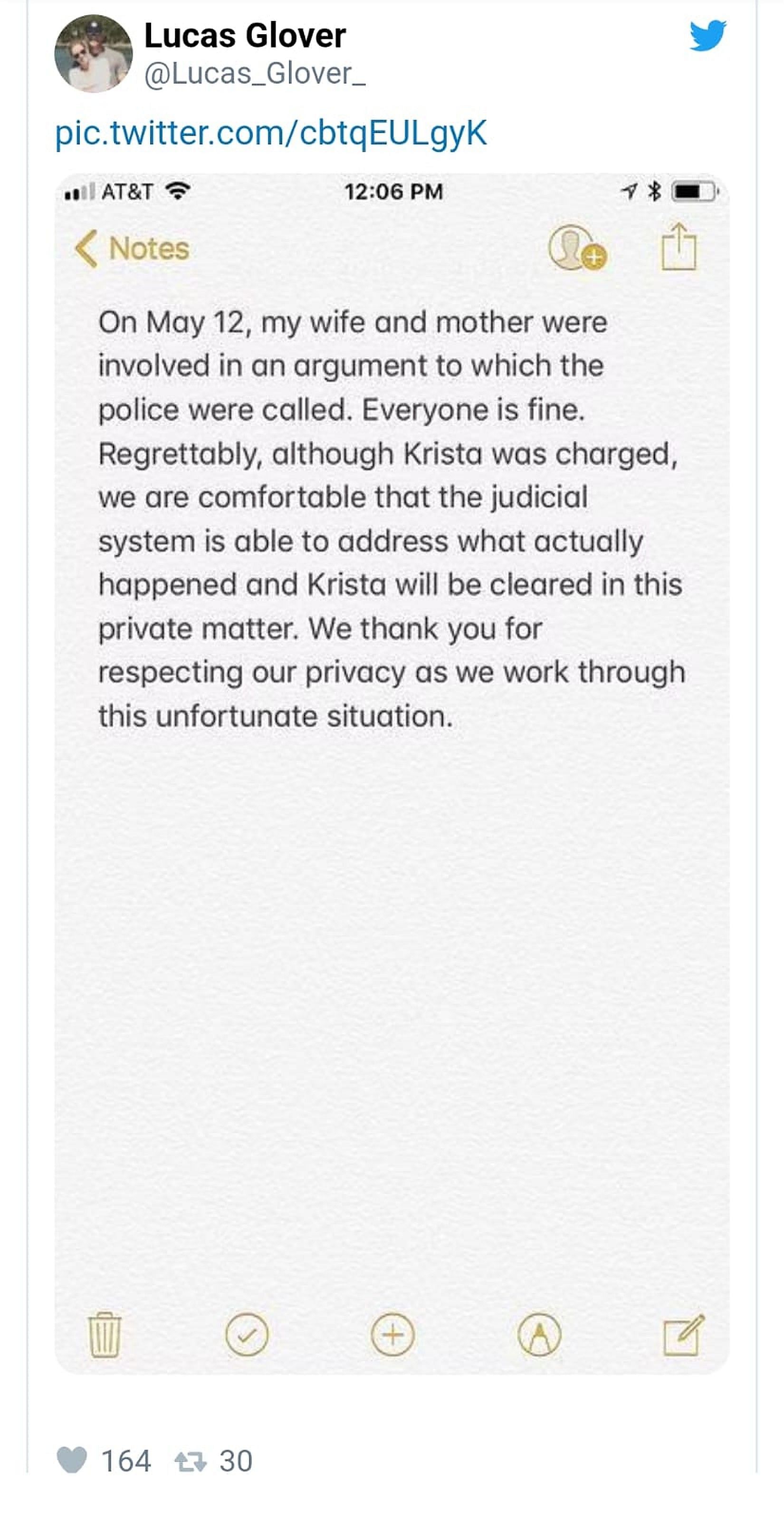 Lucas Glover&#039;s tweet about the 2018 incident