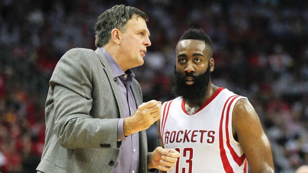 Kevin McHale goes over the game with James Harden [Source: ESPN]