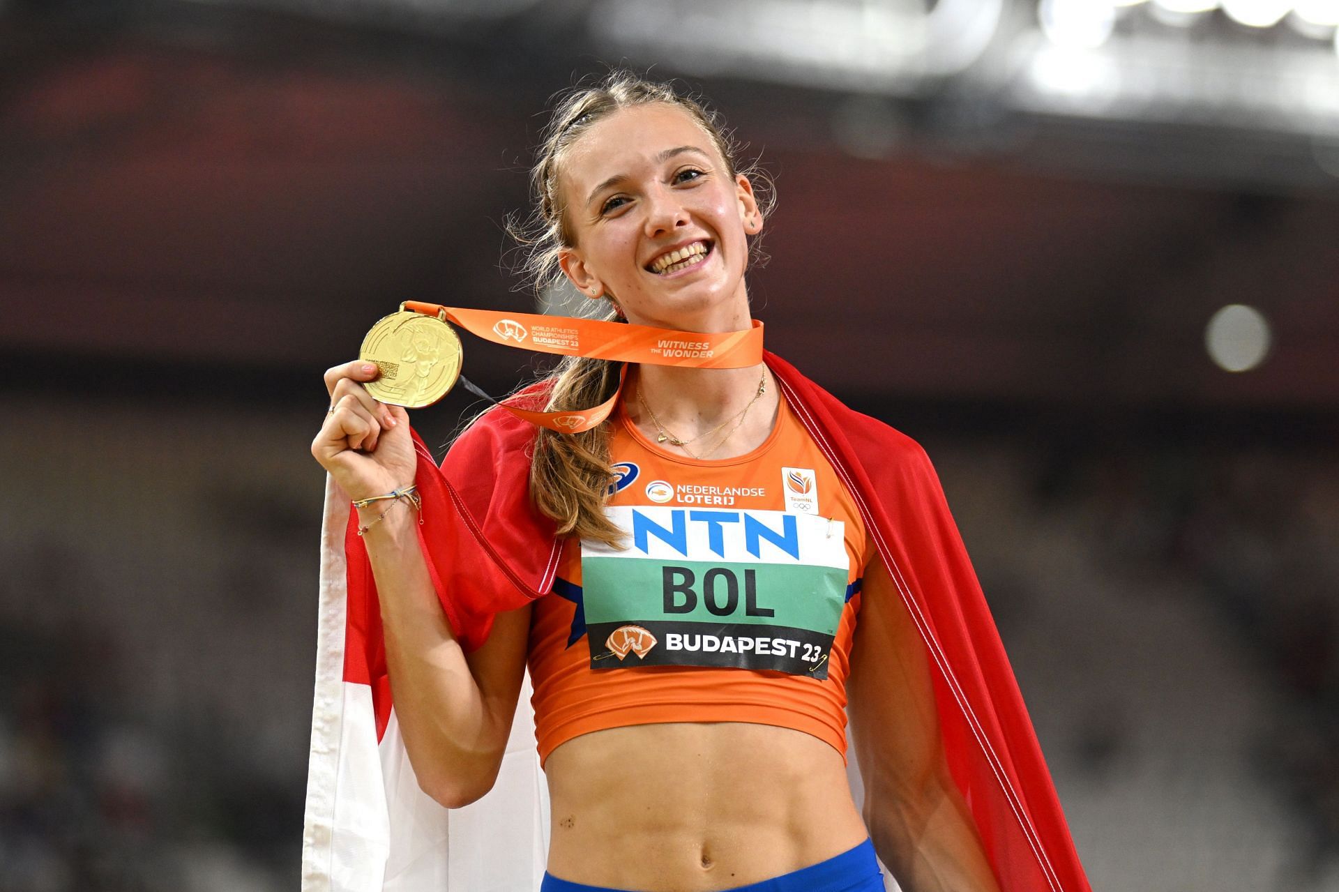 Femke Bol of Team Netherlands celebrates winning the Women&#039;s 400m Hurdles Final during Day 6 of the World Athletics Championships Budapest 2023