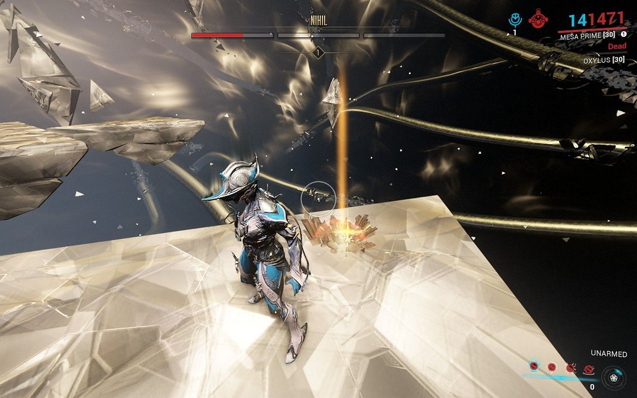 Warframe Nihil&#039;s crystals can be picked up if you manage to evade them and get them lodged on the surface (Image via Digital Extremes)