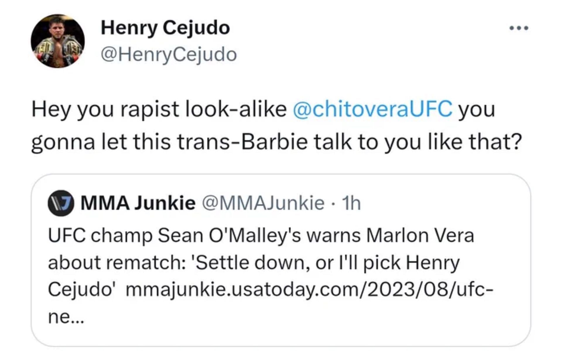 Cejudo&#039;s deleted tweet on Sean O&#039;Malley and Marlon Vera.