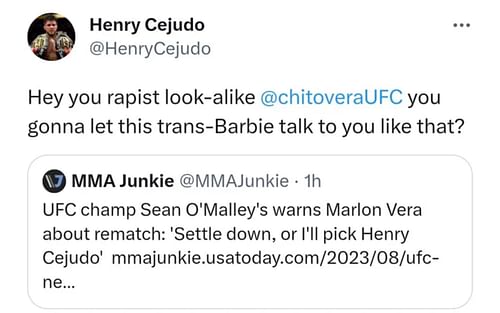 Cejudo's deleted tweet on Sean O'Malley and Marlon Vera.