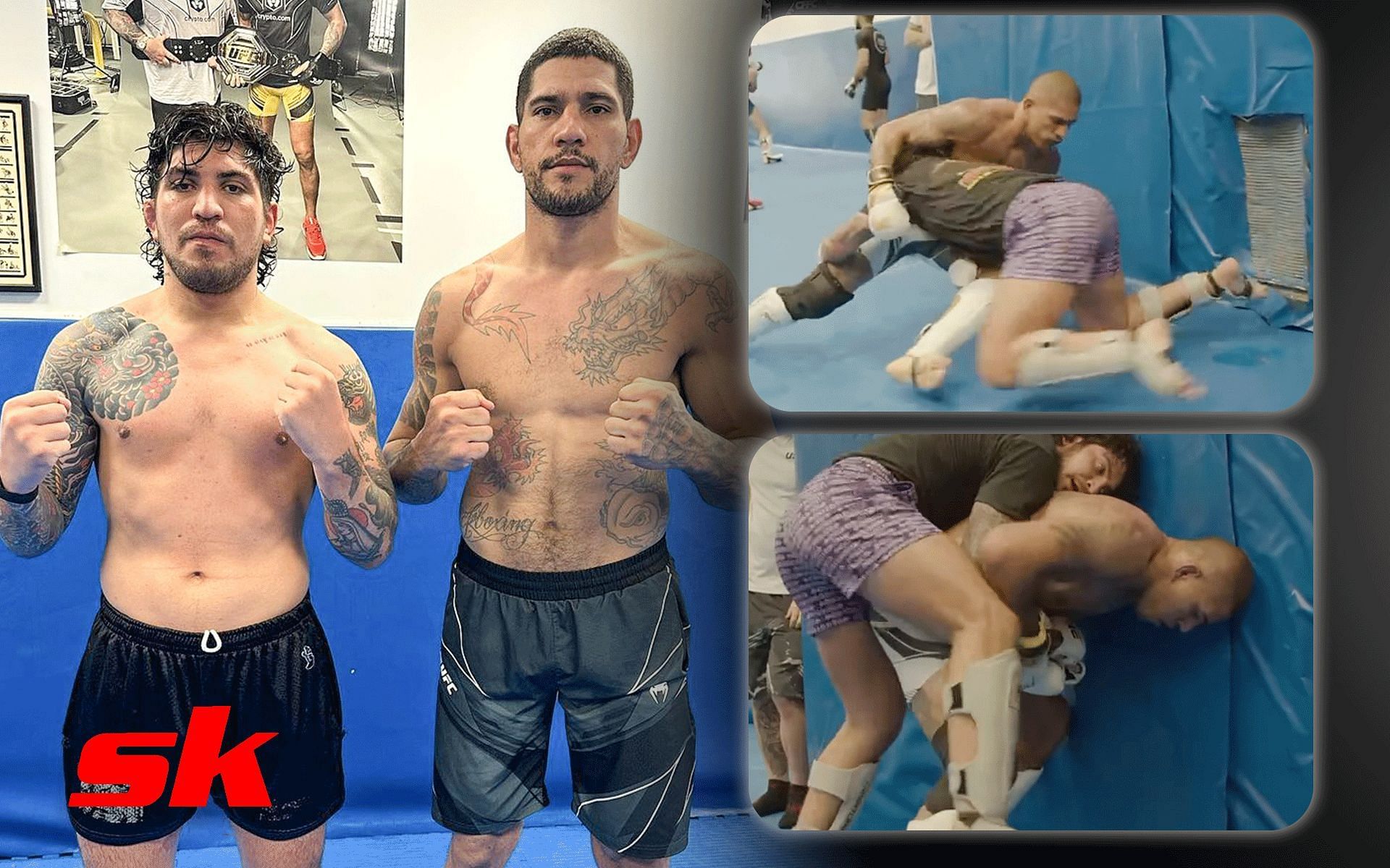 Dillon Danis poses alongside Alex Pereira (Left); Danis and Pereira during their grappling session (Right) [*Image courtesy: @dillondanis Instagram]