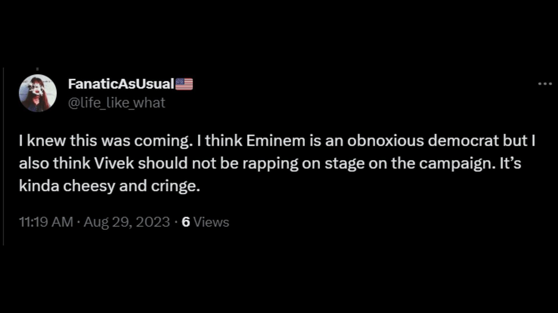 A netizen says she predicted Eminem&#039;s step against Ramaswamy. (Image via X/FanaticAsUsual)