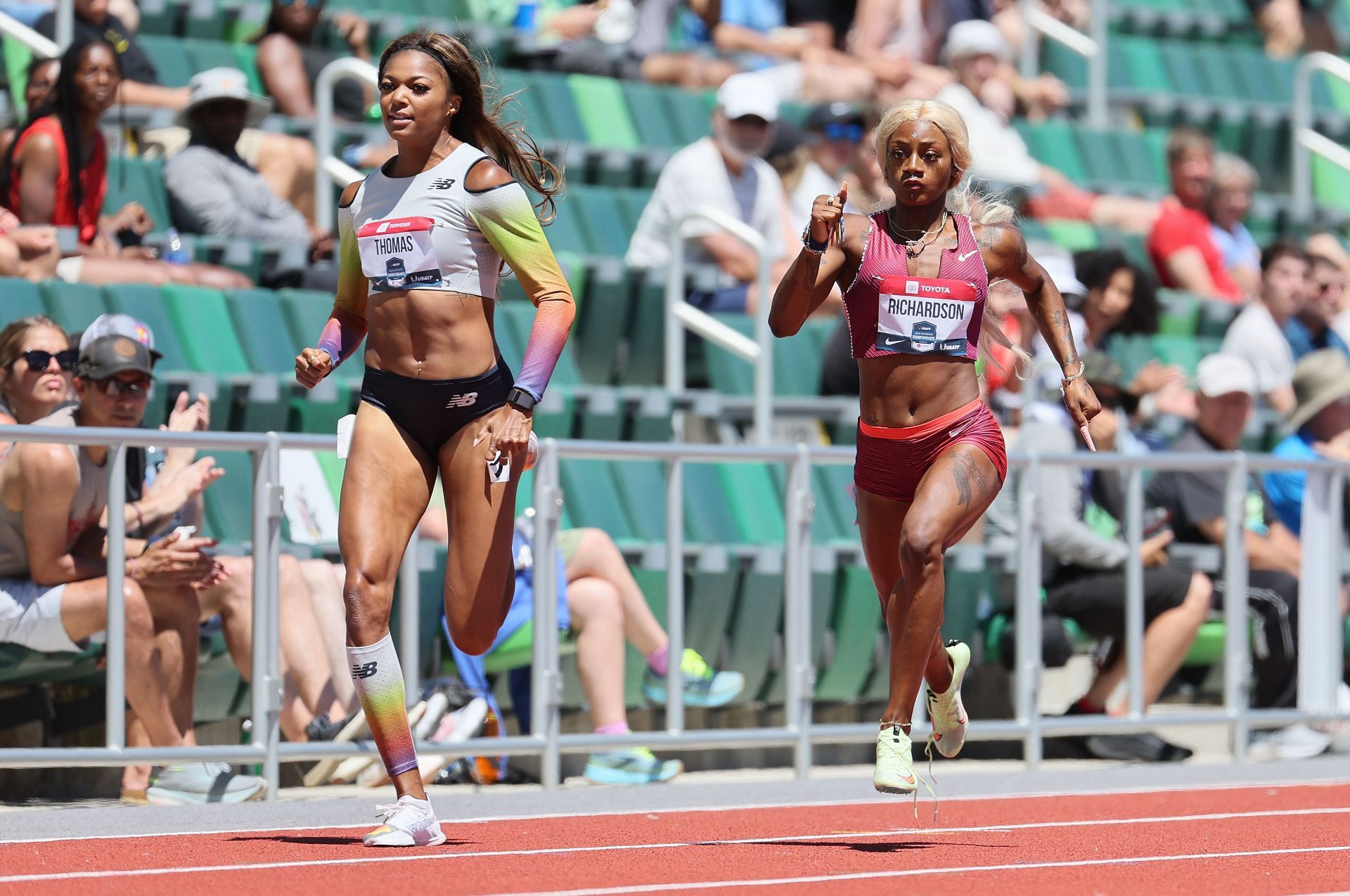 Gabby Thomas and Sha&#039;Carri Richardson during the 2022 USATF Outdoor Championships in Hayward Field at Eugene, Oregon