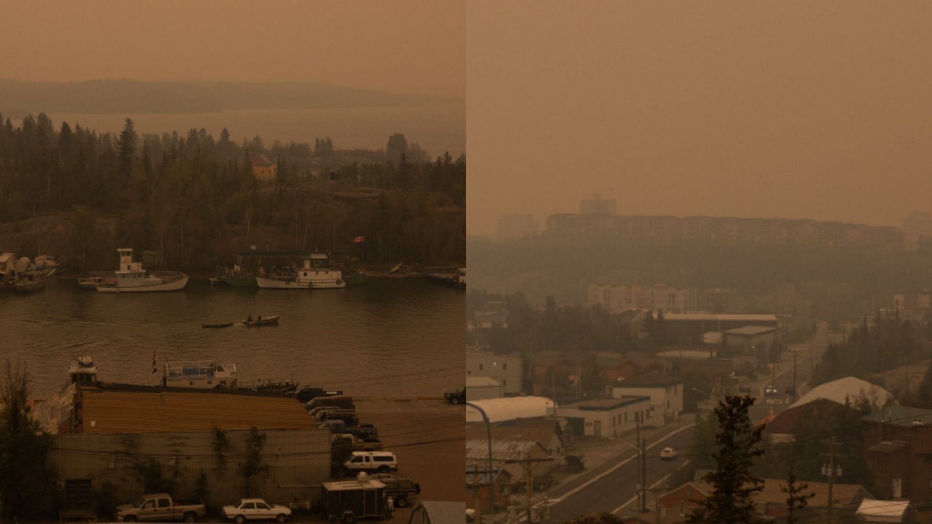 Pictures of Yellowknife shrouded in a blanket of smoke from the advancing wildfire. (Image via X/porterfieldlol)