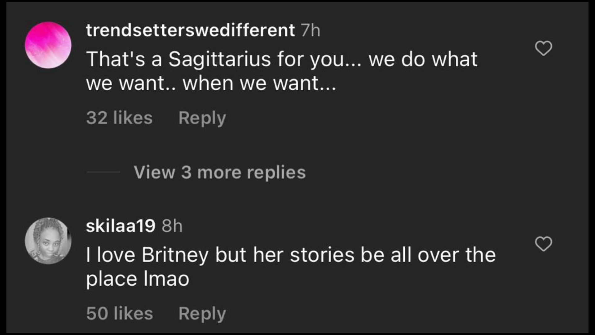 Screenshot of Internet users remarking on Spears&#039; new videos amidst her divorce from Sam Asghari. (Photo via The Neighborhood Talk/Instagram)