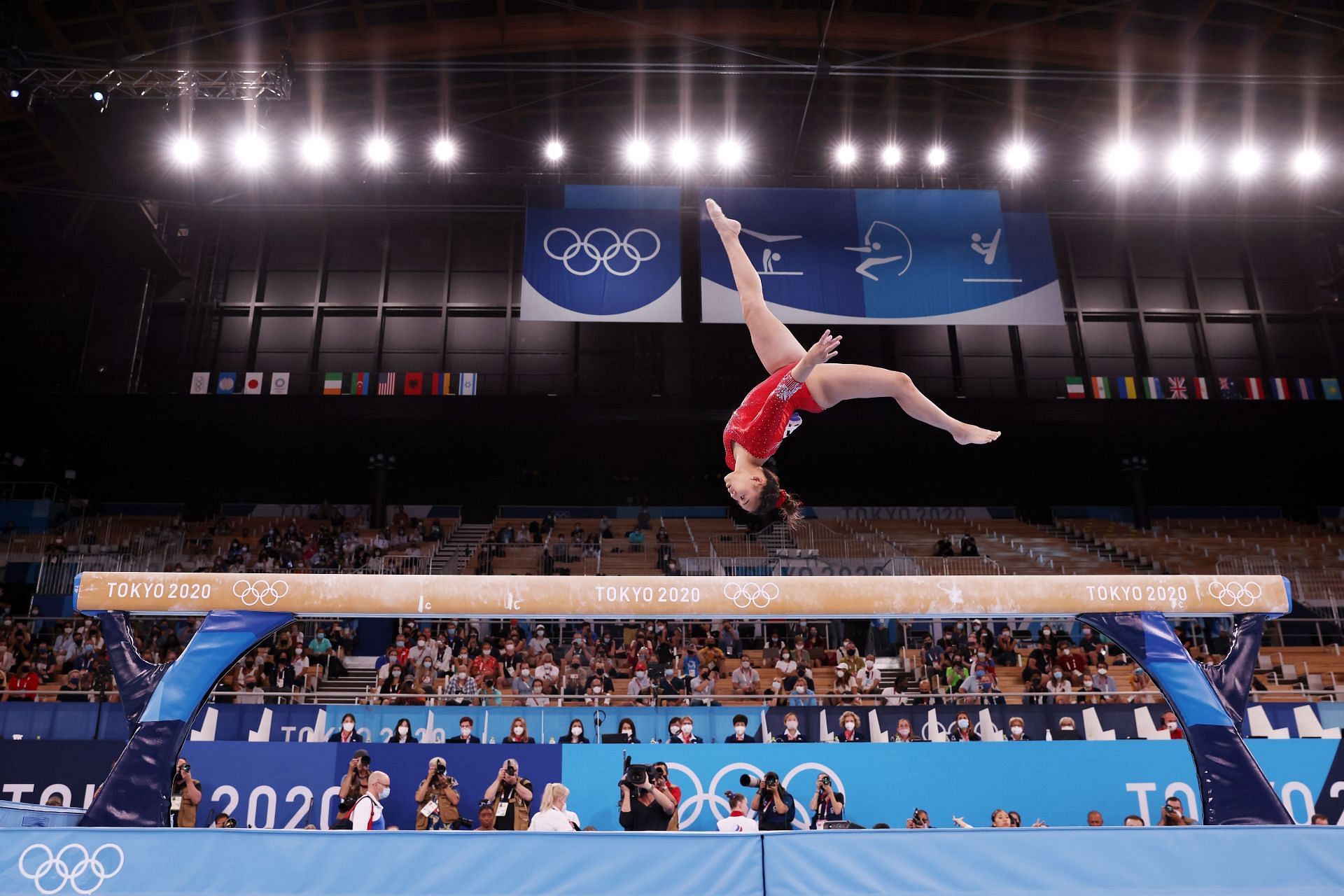 Sunisa Lee competes in the Women&#039;s Balance Beam finals at the 2020 Tokyo Olympics in , Japan