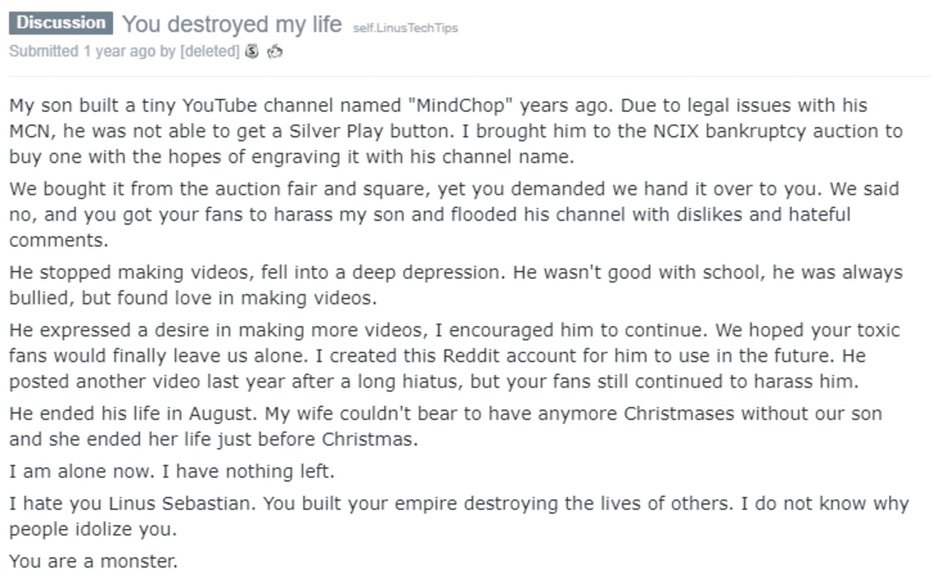 Linus Tech Tips fans allegedly harassed a child. (Image via Reddit)