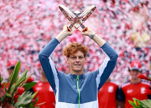 Jannik Sinner poses with the trophy at the 2023 Canadian Open