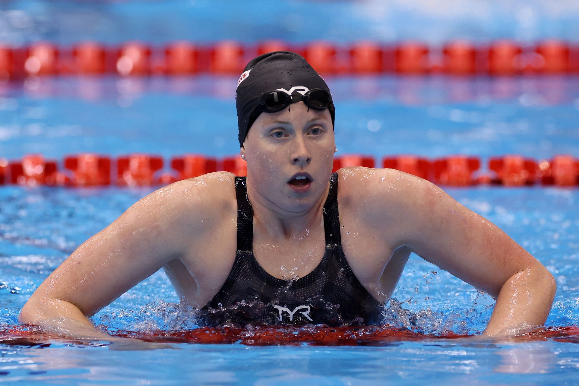 Lilly King reacts after competing in the women&#039;s 50m breaststroke finals at the 2023 World Aquatics Championship at Marina Messe Aquatic Centre in Fukuoka, Japan
