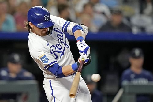 Kansas City Royals' Bobby Witt Jr. hits an inside-the-park home run against the Seattle Mariners at Kauffman Stadium 