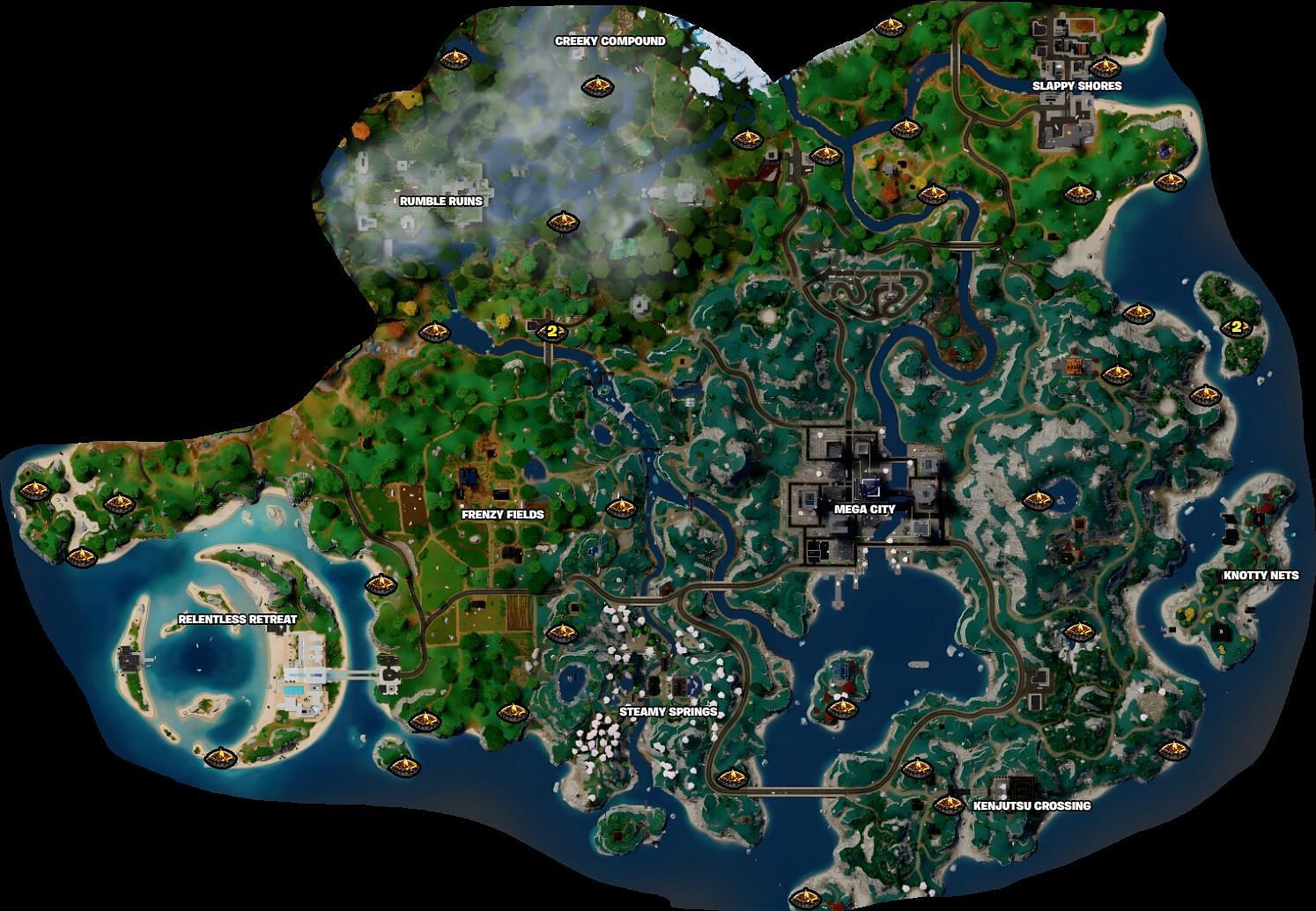 Campfire locations in the Grass, Jungle, and Japanese Biomes (Image via Fortnite.GG)