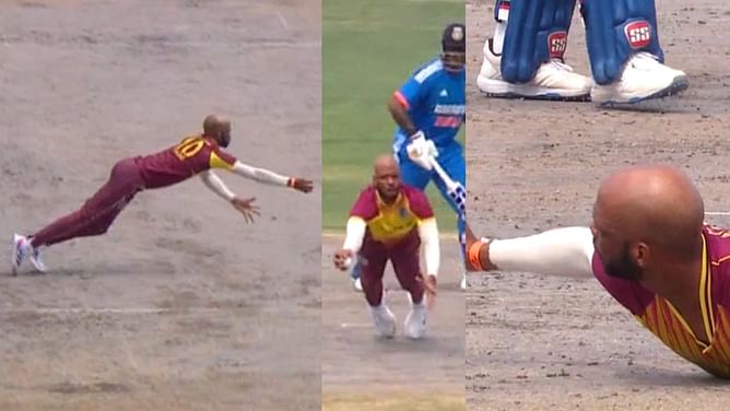[Watch] Roston Chase's stunning diving catch ends Tilak Varma's debut T20I series in 5th India vs West Indies T20I
