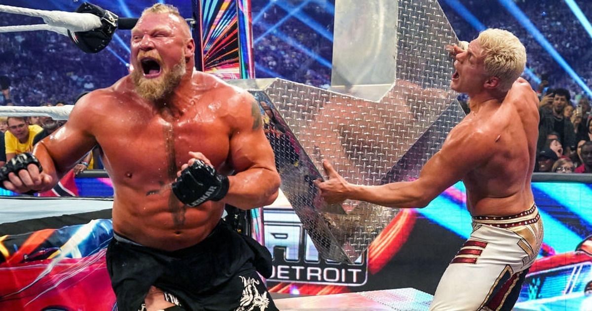 Cody Rhodes using steel steps on Brock Lesnar during Summerslam 2023