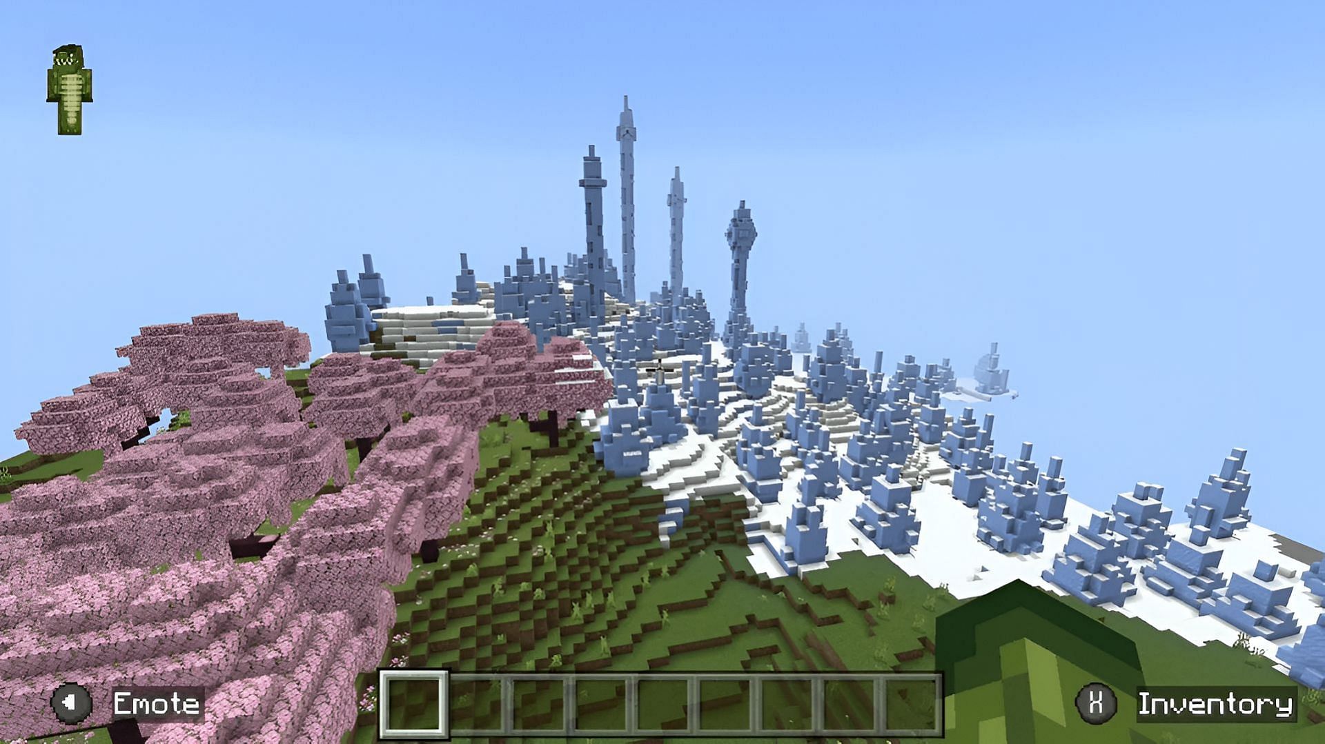 Cherry groves, ice spikes, and even a village rest in this Minecraft seed&#039;s spawn (Image via Grieving_gecko/Reddit)