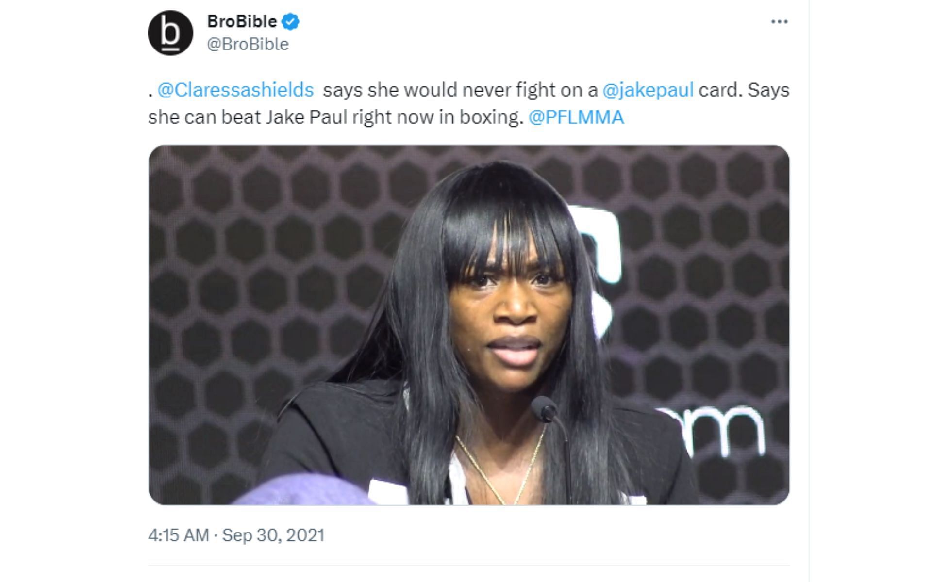 A screenshot of an X post from 2021 in which Shield refused to fight on a Paul card and claimed to beat him in a bout