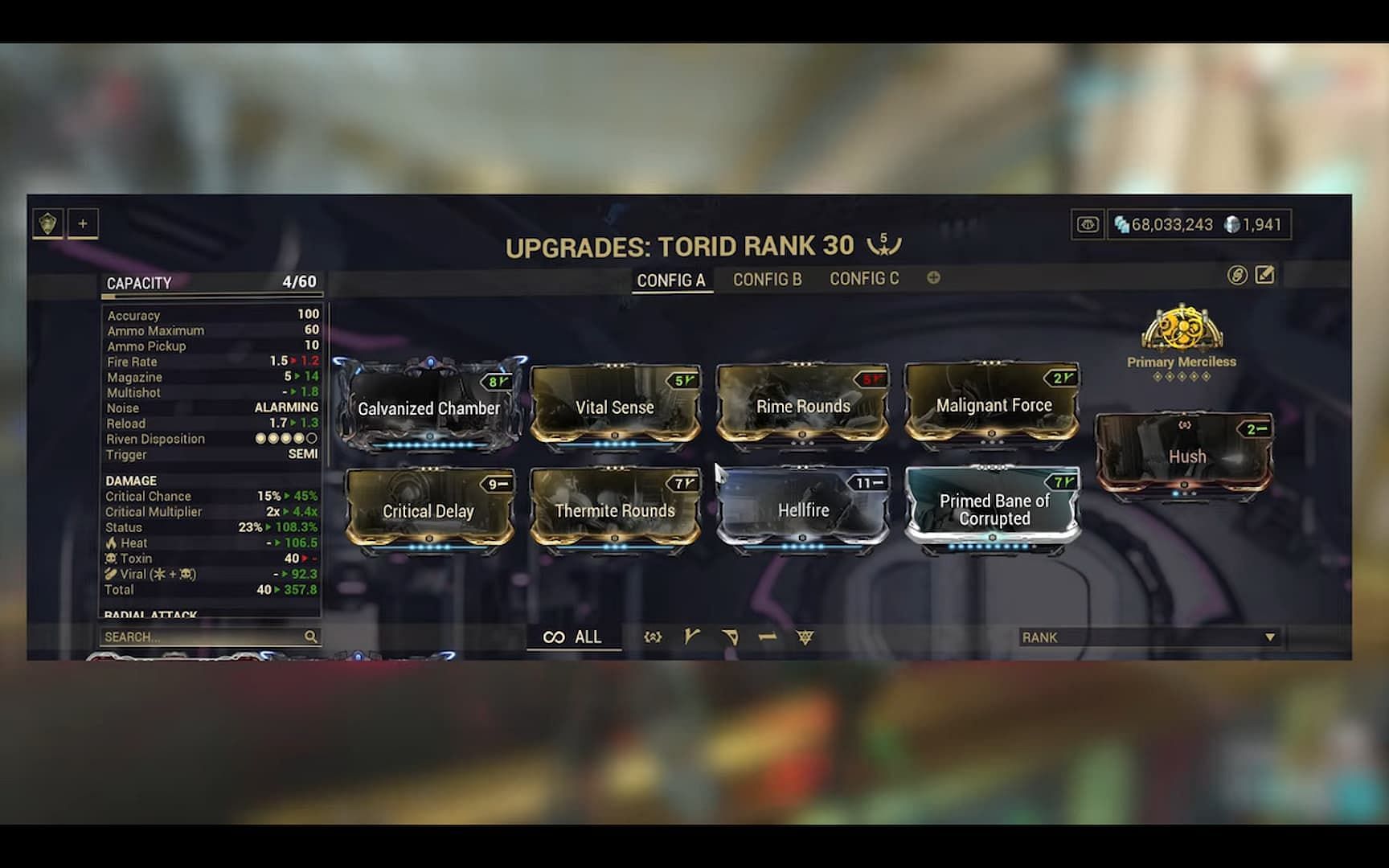 Incarnon Torid build in Warframe using low-level Viral mods for less status weightage (Image via Digital Extremes)