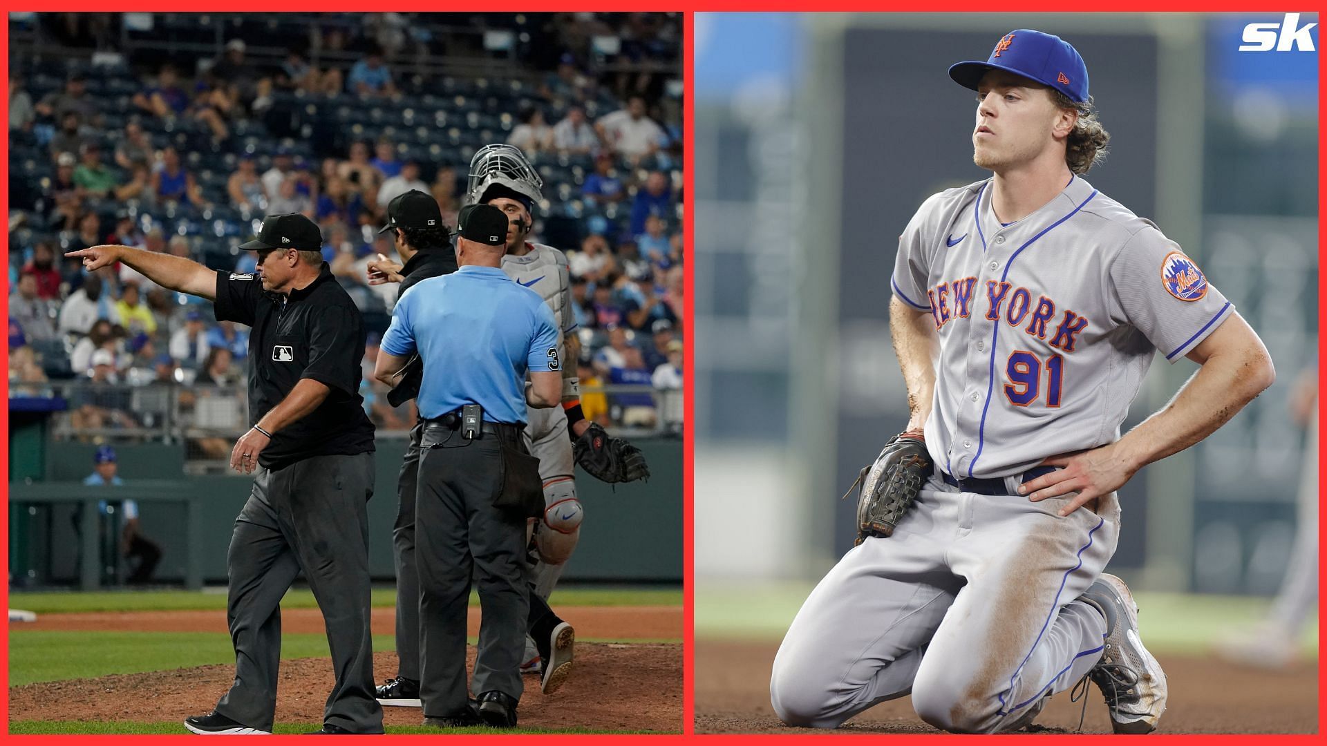 Umpire Marvin Hudson signals for MJ Melendez of the Kansas City Royals to go home after Josh Walker was called for a balk in the 10th inning