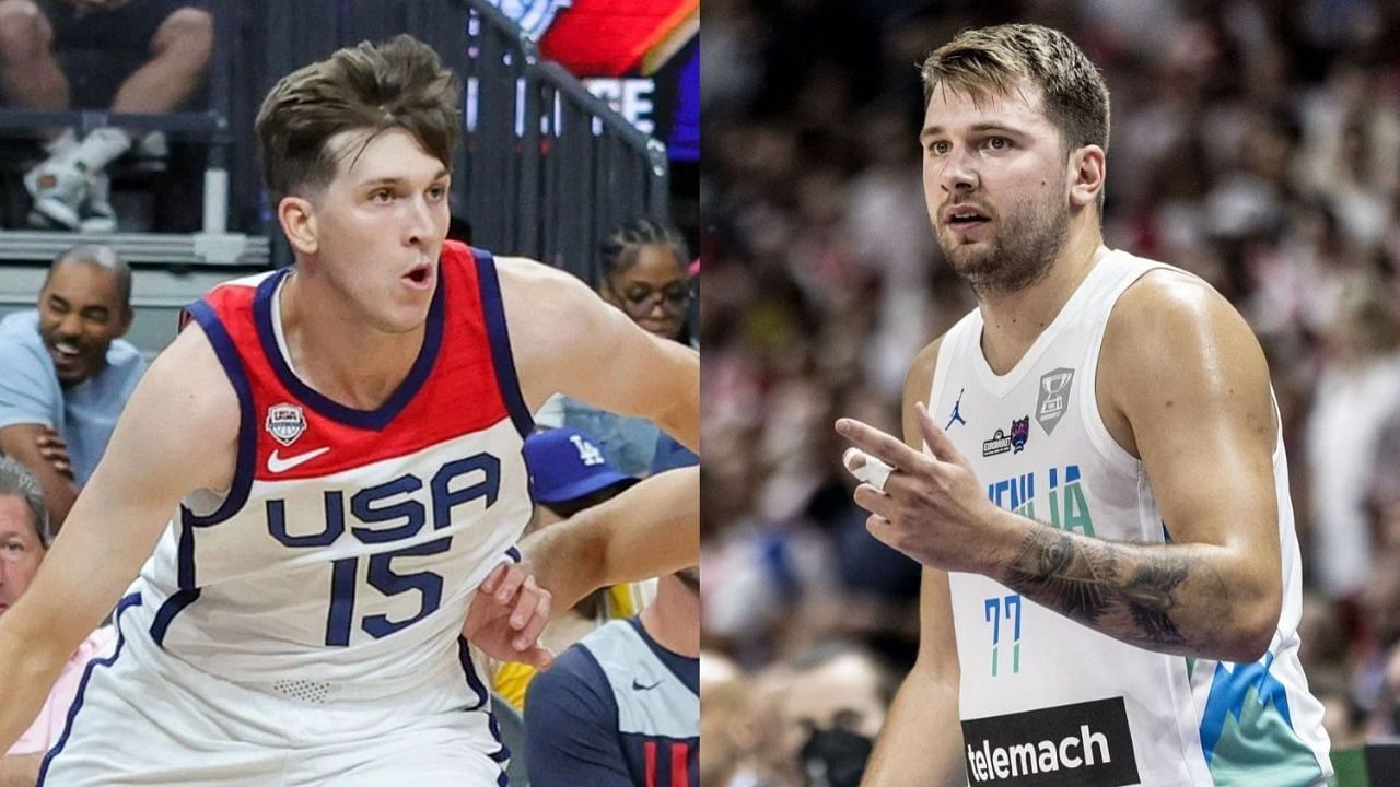 Austin Reaves of Team USA and Luka Doncic of Slovenia
