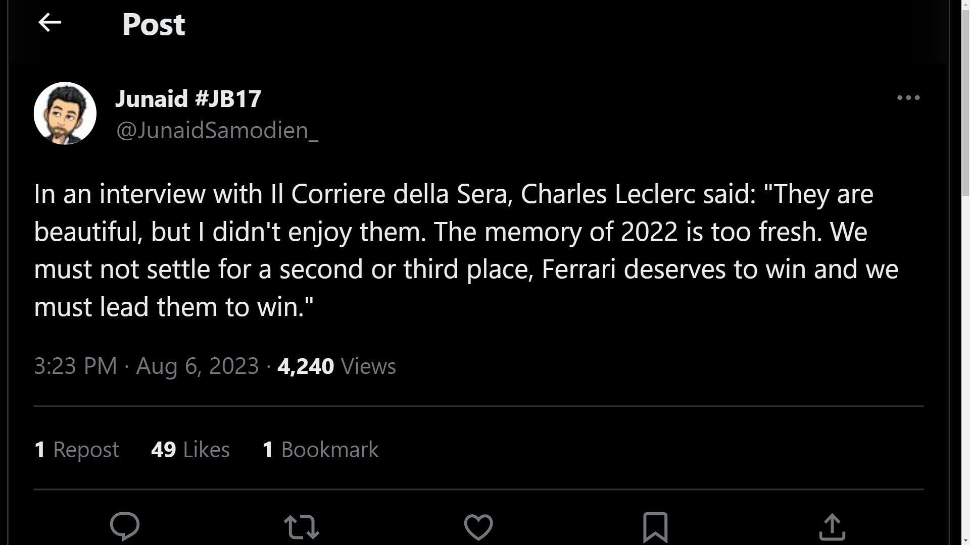 Tweet about Leclerc&#039;s quote about winning with Ferrari (Image via Sportskeeda)