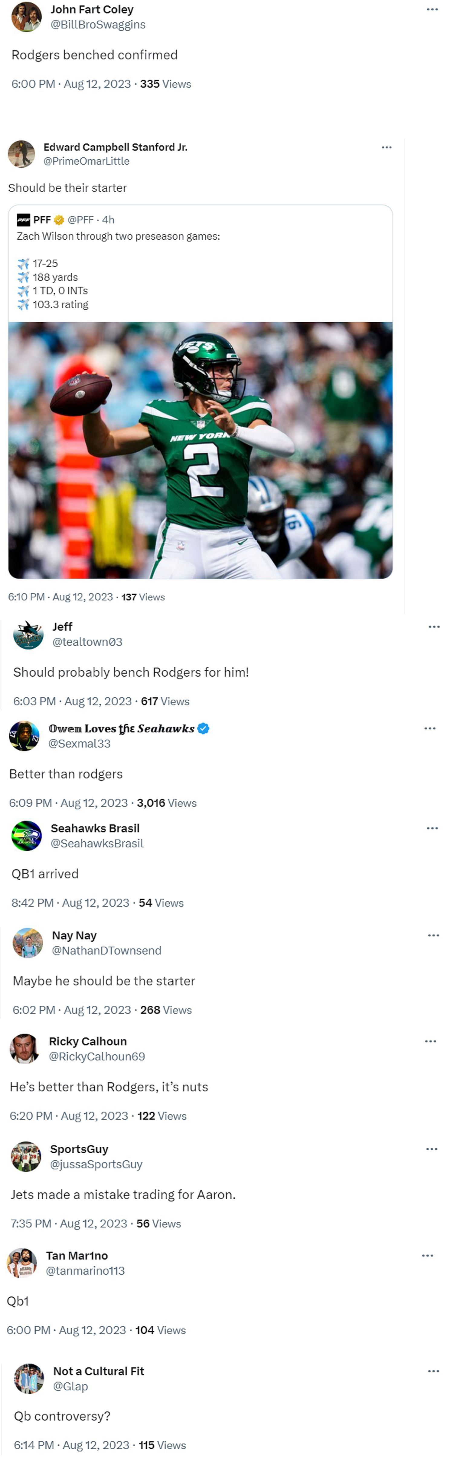 Reaction on X (formerly Twitter) about Zach Wilson&#039;s performance and some fans pining for him over Aaron Rodgers