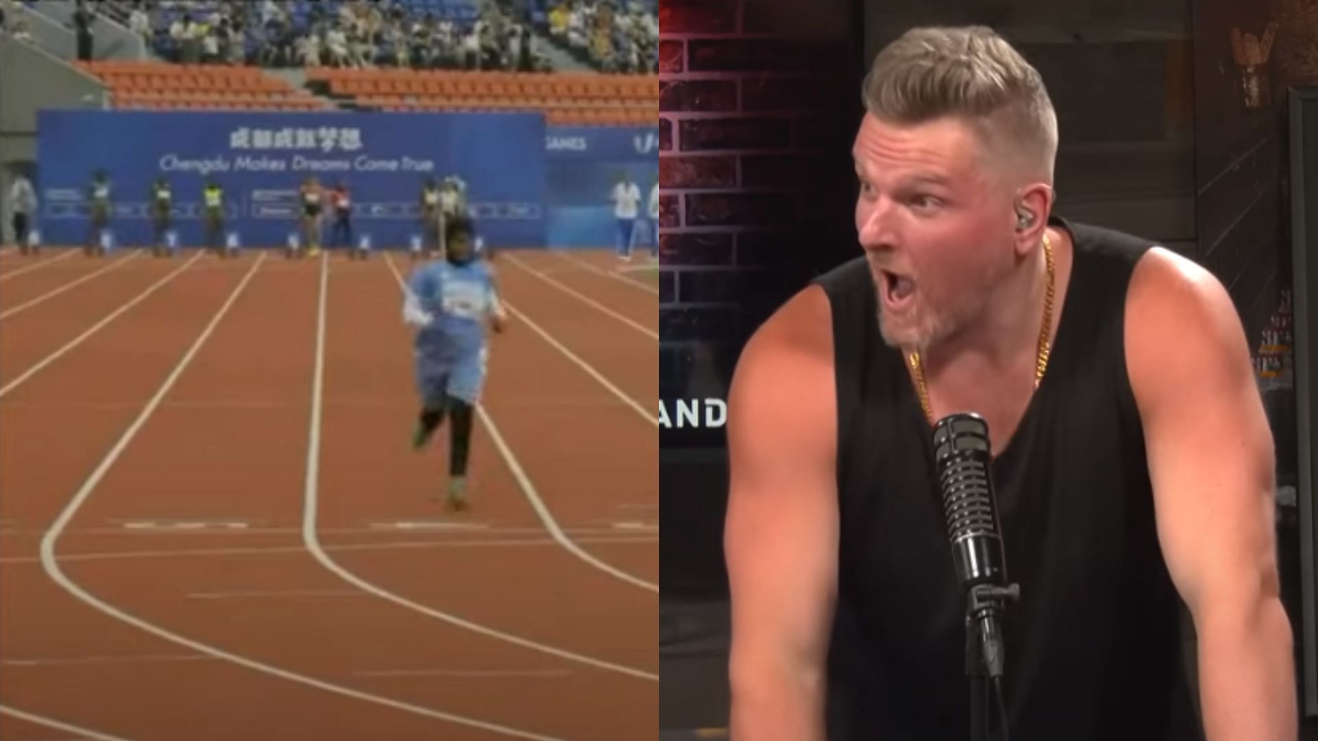 Pat McAfee was shocked after seeing the performance of an untrained Somalian in the 100-meter dash at the World University Games in Chengdu, China. (Image credit: Pat McAfee Show on YouTube)