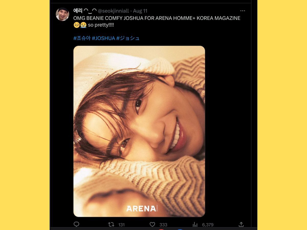 Joshua&#039;s Arena Homme+ Korea magazine feature getting love from fans (Image via Twitter/ @seokjinniall)