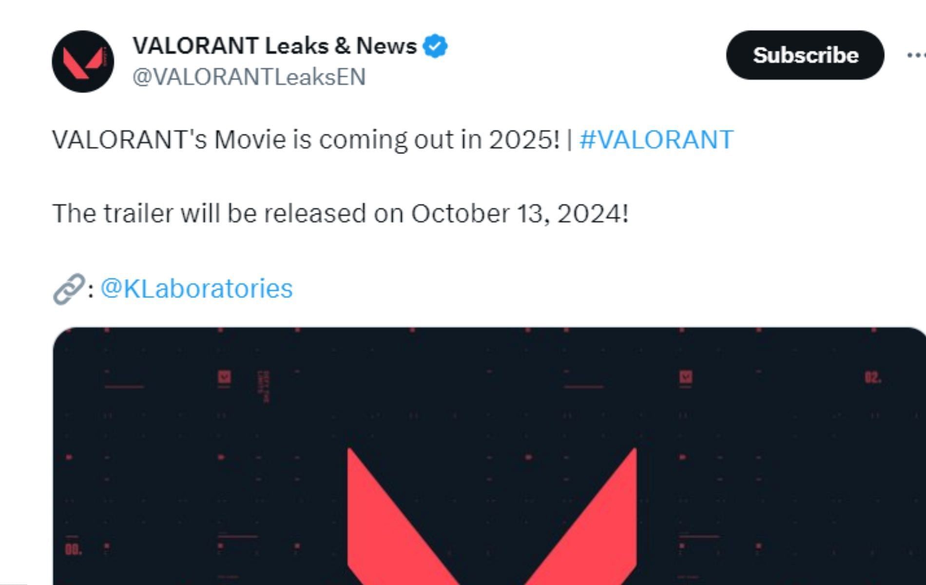Valorant movie to get a trailer in October 2024 (Image via Twitter)