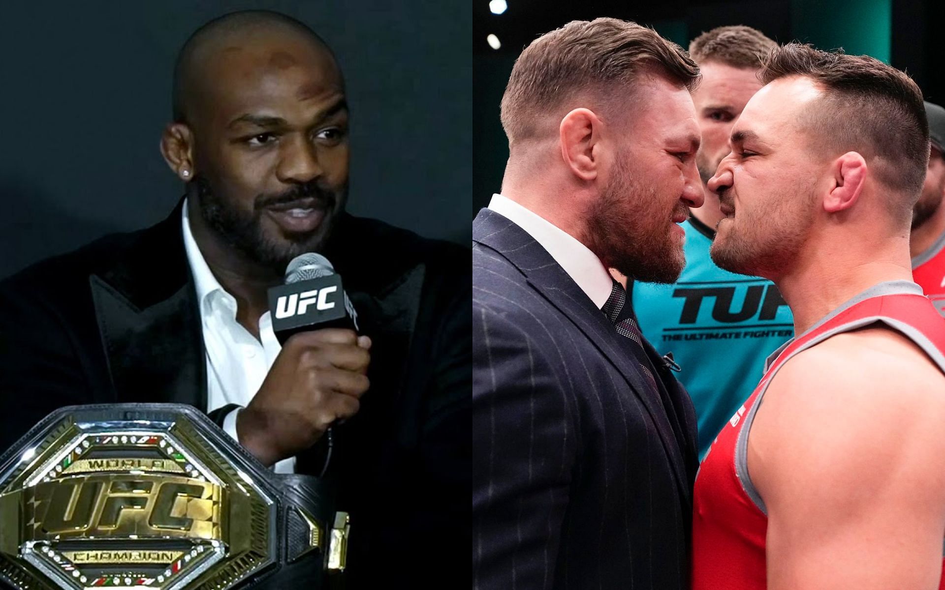 Jon Jones (left) and Conor McGregor and Michael Chandler (right). [via UFC and Getty Images]
