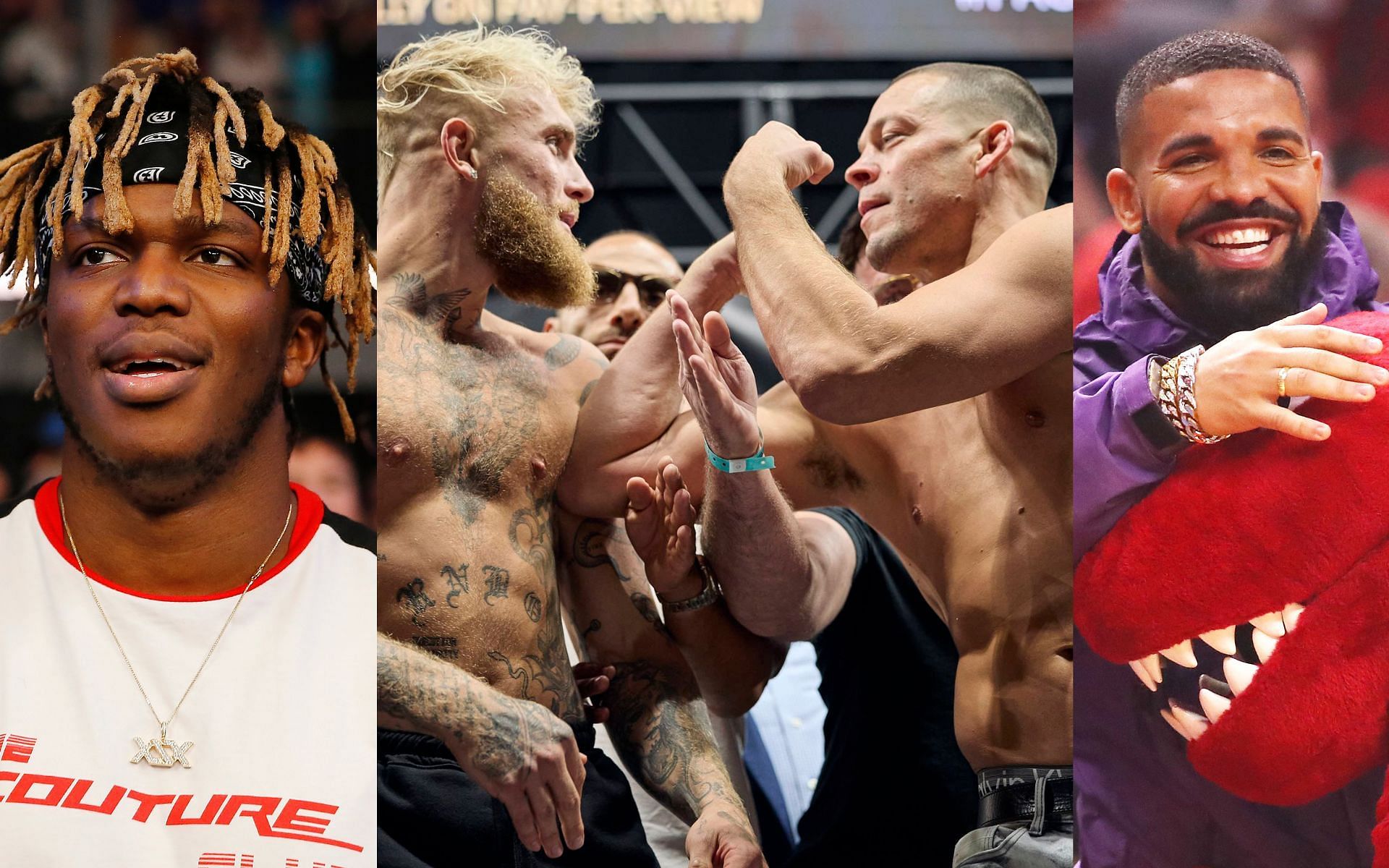 KSI (left), Jake Paul vs Nate Diaz (centre), and Drake (right). [via Getty Images]