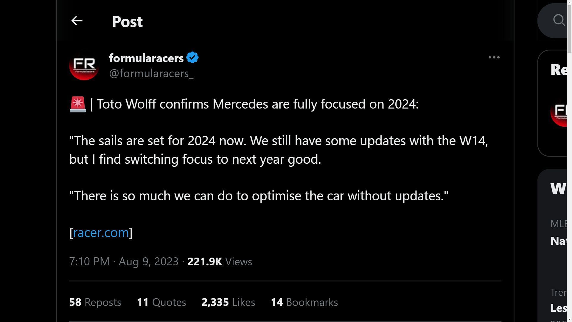 Tweet about Toto Wolff&#039;s comments about focusing on 2024 F1 season (Image via Sportskeeda)