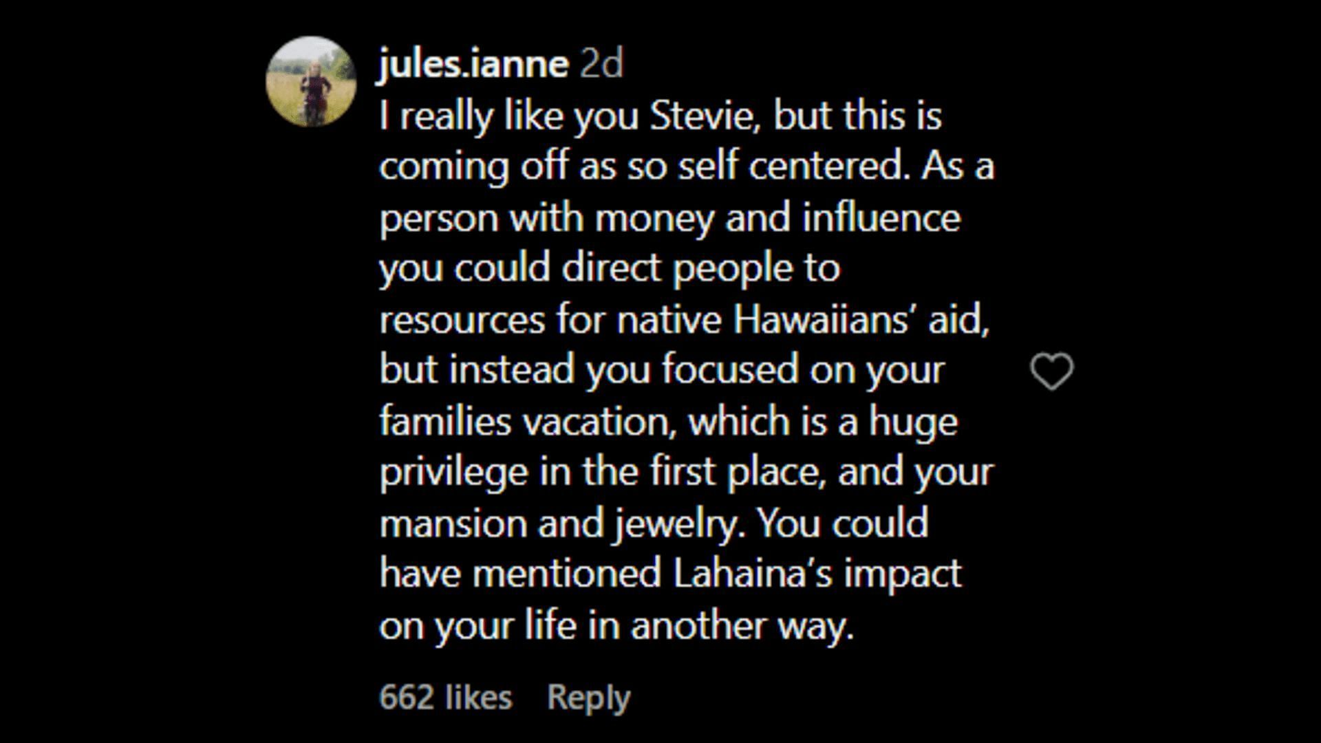 A netizen calling out Nicks as privileged. (Image via Instagram/jules.ianne)