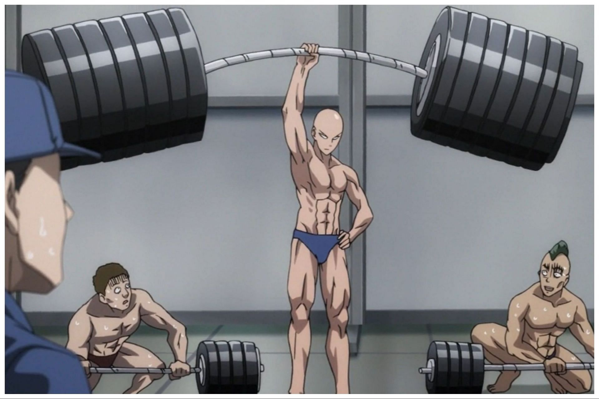 One Punch Man Workout Results - Saitama lifting weights (Image via Madhouse Studio)