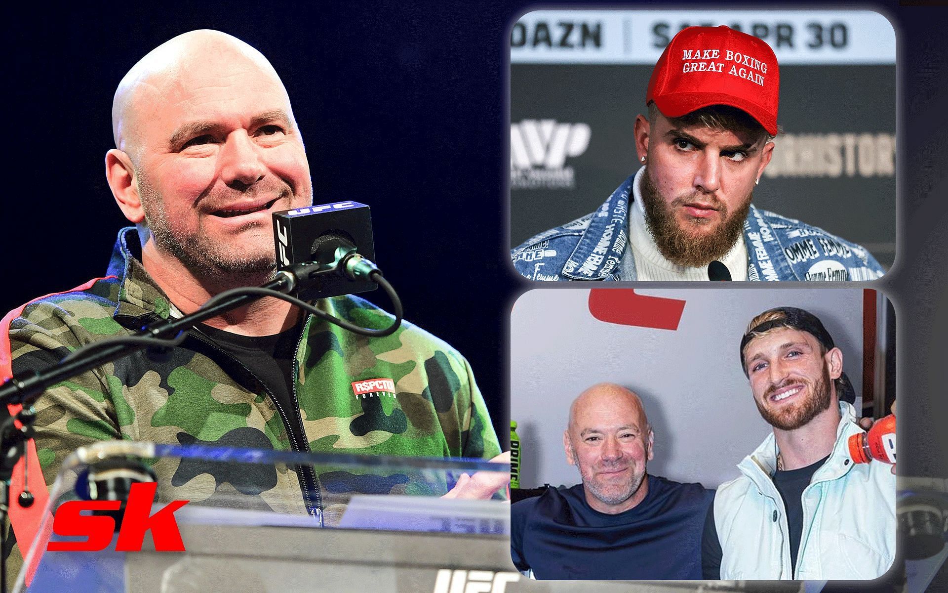 Dana White, Logan Paul and Jake Paul [Image credits: Getty Images and @drinkprime on Instagram]