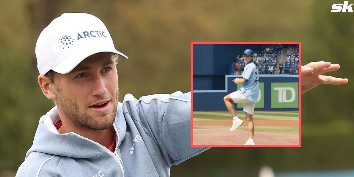 Casper Ruud throws the ceremonial first pitch for Toronto Blue Jays (inset)