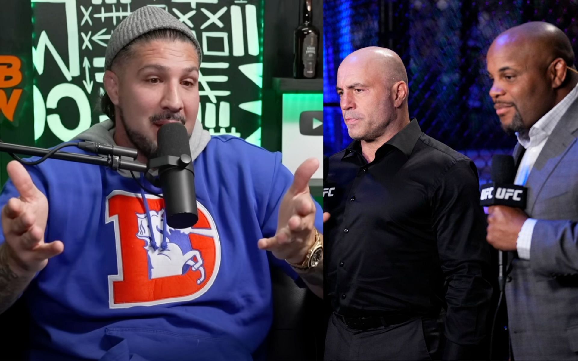 Brendan Schaub (left) and Joe Rogan and Daniel Cormier (right). [left image from YouTube Thiccc Boy and right image from Getty Images]