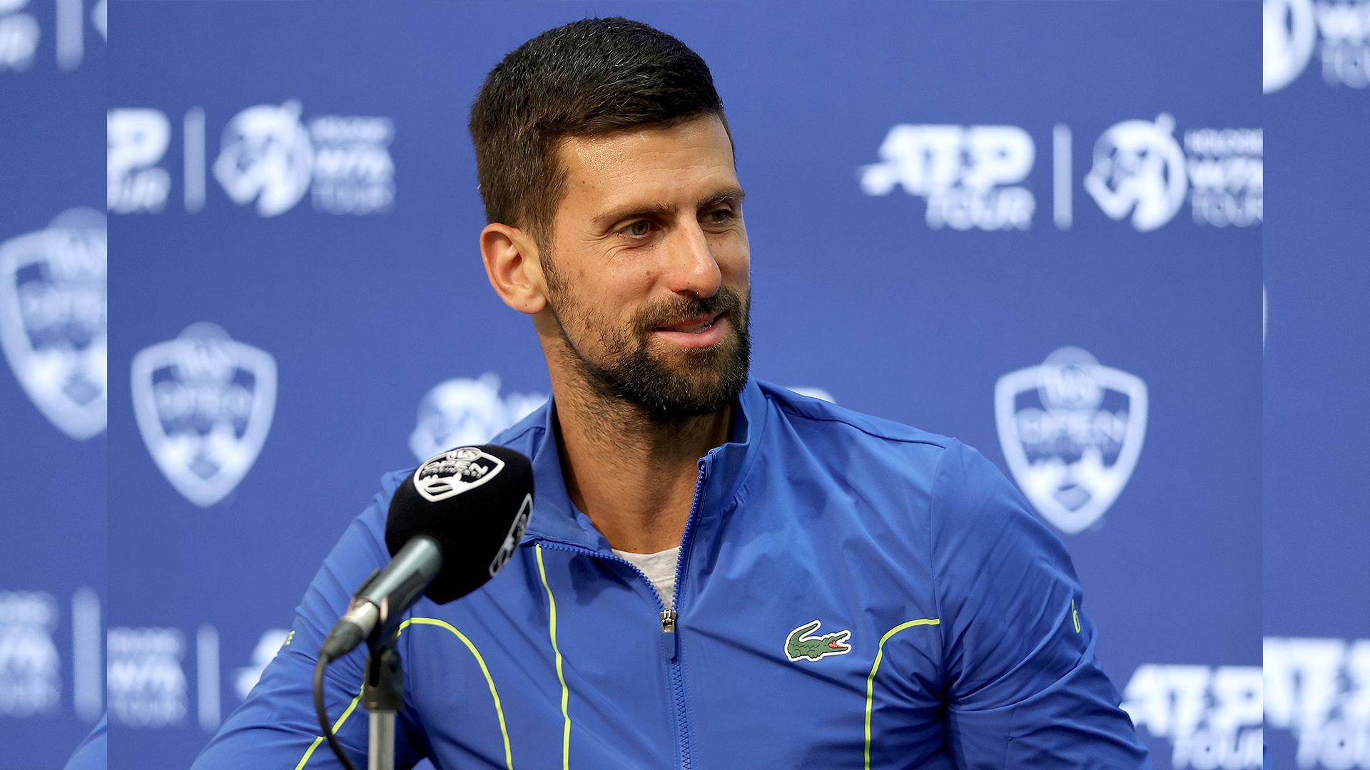 Novak Djokovic interacts with the media ahead of the 2023 Cincinnati Open