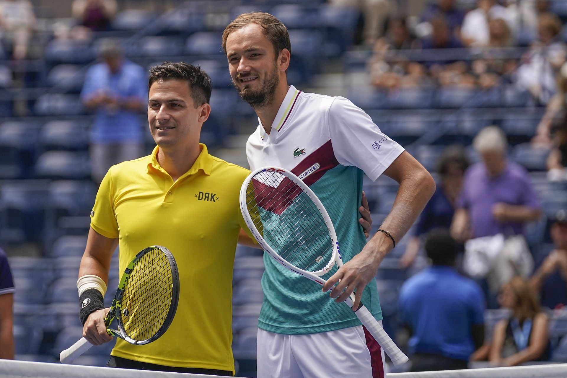 Attila Balazs and Daniil Medvedev pose ahead of their first-round matchup at the 2023 US Open