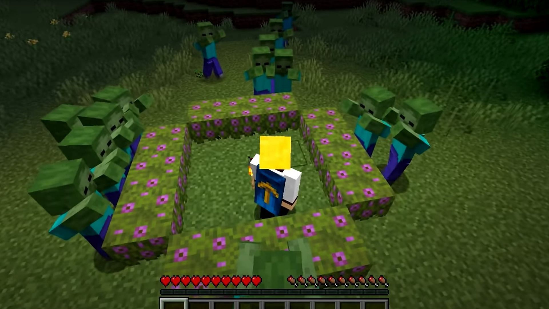 Using azalea bushes to keep off zombies (Image via Mojang Studios)