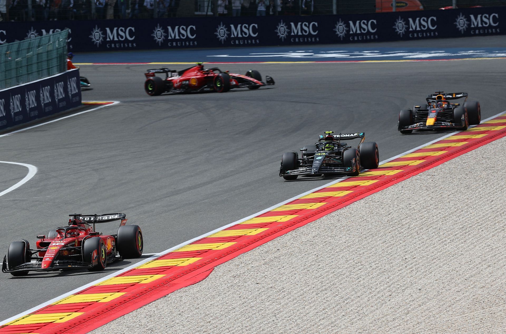 Leclerc leading Hamilton during the 2023 Belgian GP (Photo by Peter Fox/Getty Images)