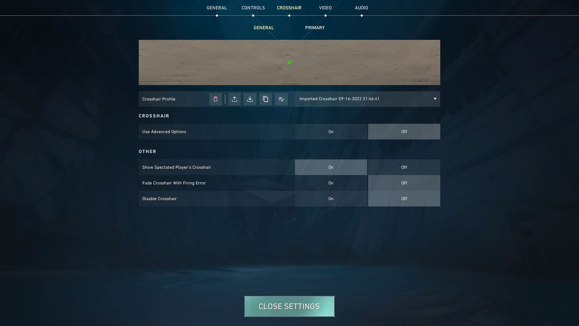 Crosshair Profile menu in-game (Image via Riot Games)