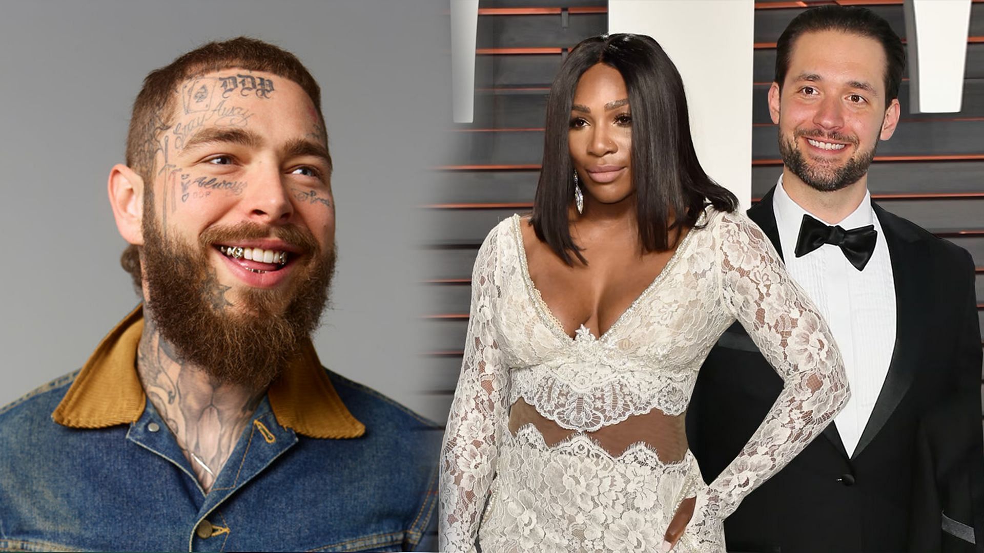 Post Malone (L) and Serena Williams along with her husband Alexis Ohanian (R)