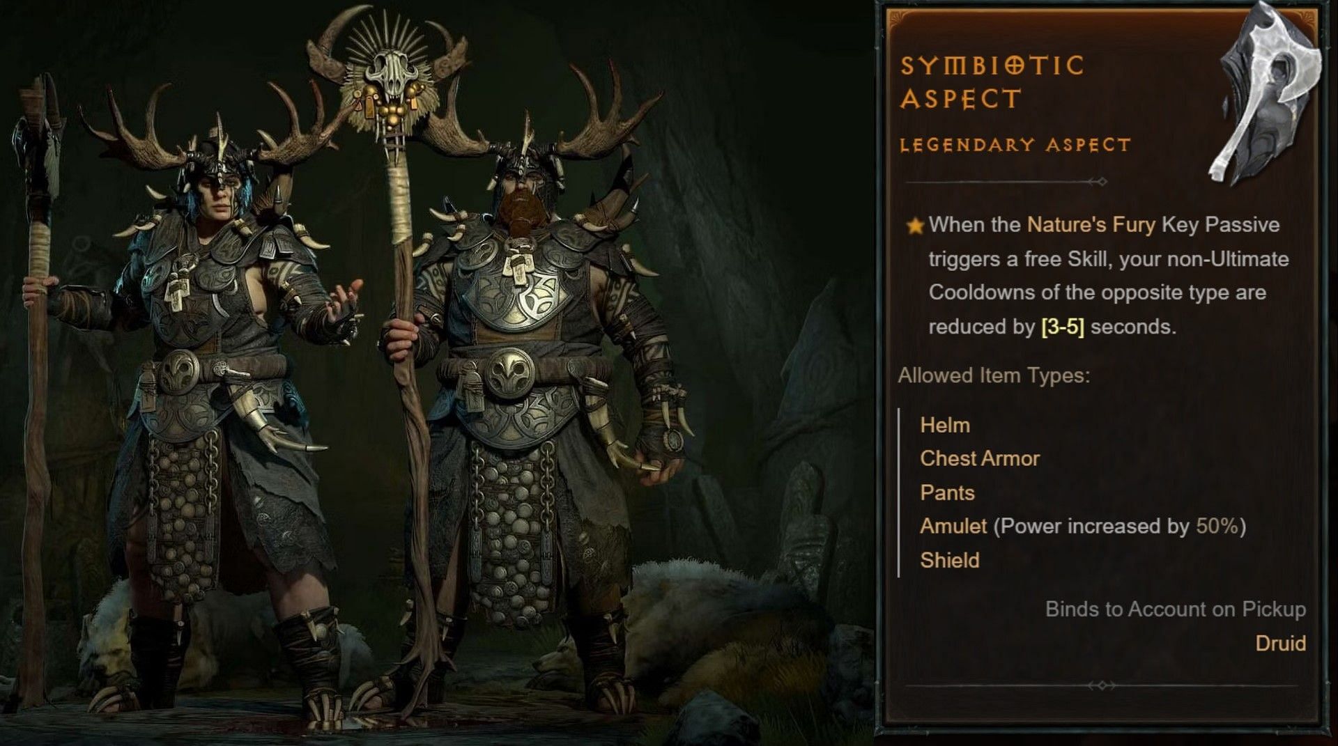 Diablo 4 male and female Druids on the left and Symbiotic Aspect description on the right.